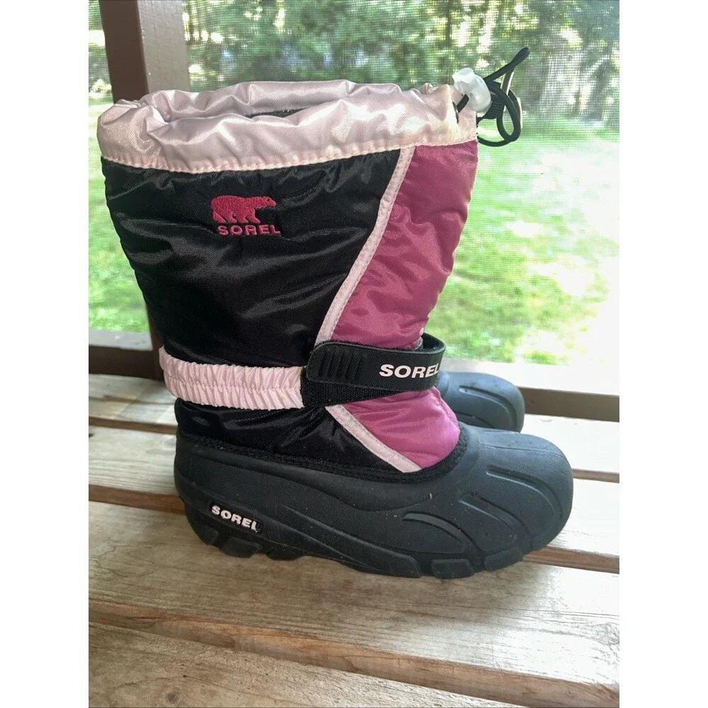 Sorel Flurry Thermal Kids Snow Boots Pink Black Waterproof Winter Warm Size 5